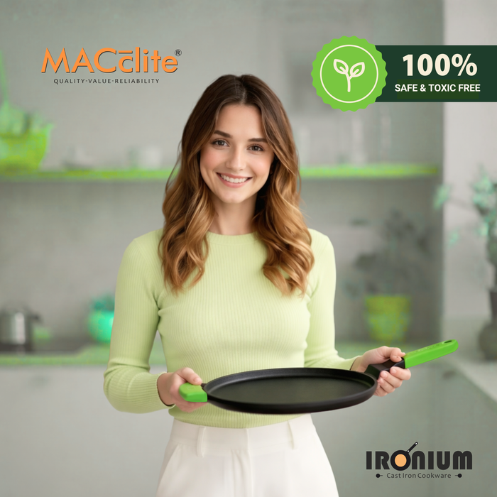 Ironium Cast Iron Pre-Seasoned Flat Tawa 28 cm with Long and Side Handle and Silicone Grips
