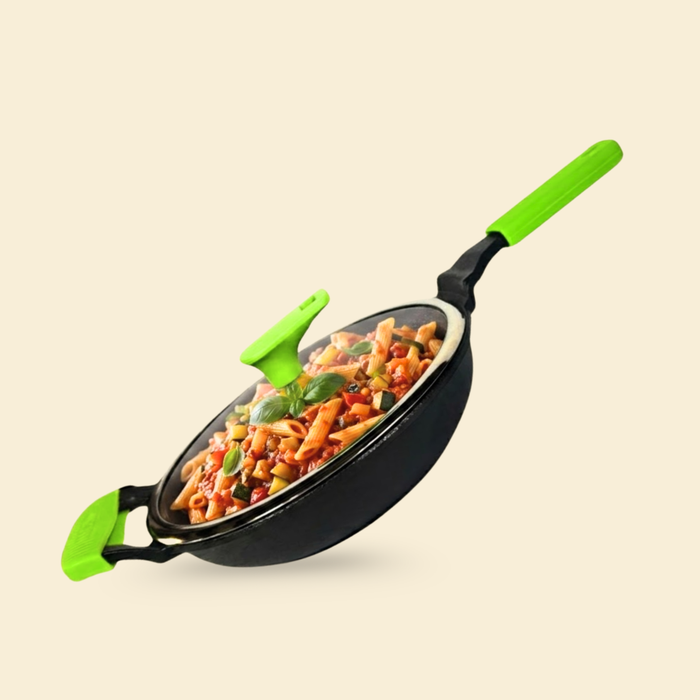 Ironium Cast Iron Pre-Seasoned Frying Pan with Glass Lid  With Long Handle and Silicone Grip