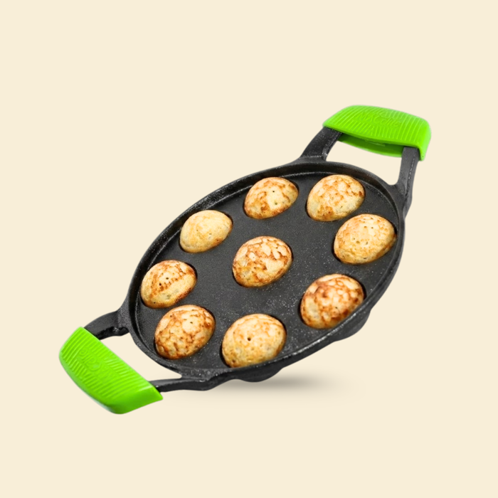 Ironium Cast Iron Pre-Seasoned Round Heavy Panniyarkal 09 Pits With 2 Side Handle and Silicone Grips