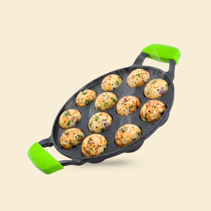 Ironium Cast Iron Pre-Seasoned Round Heavy Panniyarkal 12 Pits With 2 Side Handle and Silicone Grips