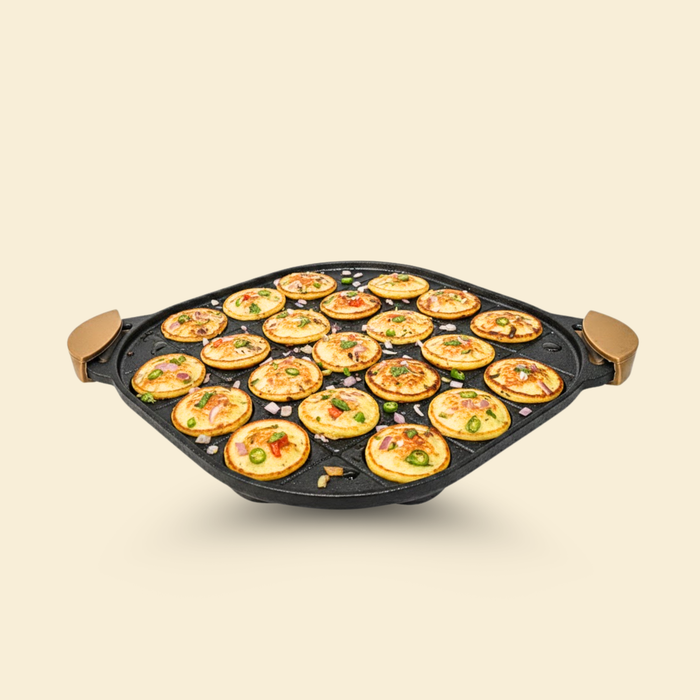 Ironium Cast Iron Pre-Seasoned Daimond Panniyarkal 21 Pits With 2 Side Handle and Silicone Grips