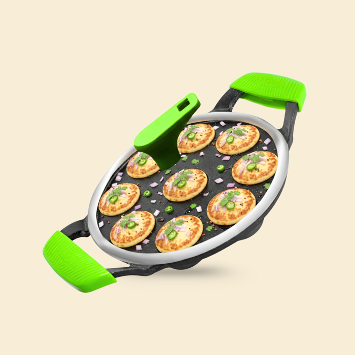 IRONIUM Pre Seasoned Cast Iron Appe Pan 9 Cavity with Glass Lid and Long Side Handle with Silicon Grips