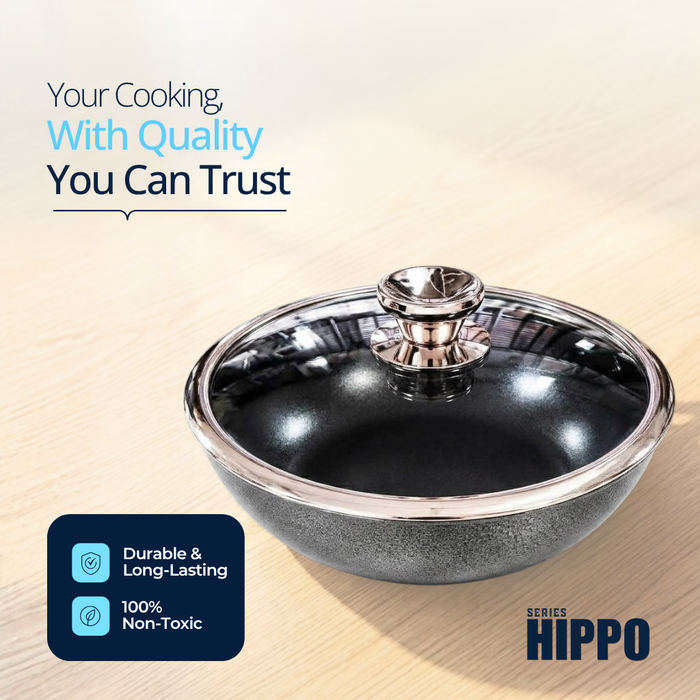 Hippo Reinforced Ceramic Non Stick Flat Base Tasla With Lid 24 cm