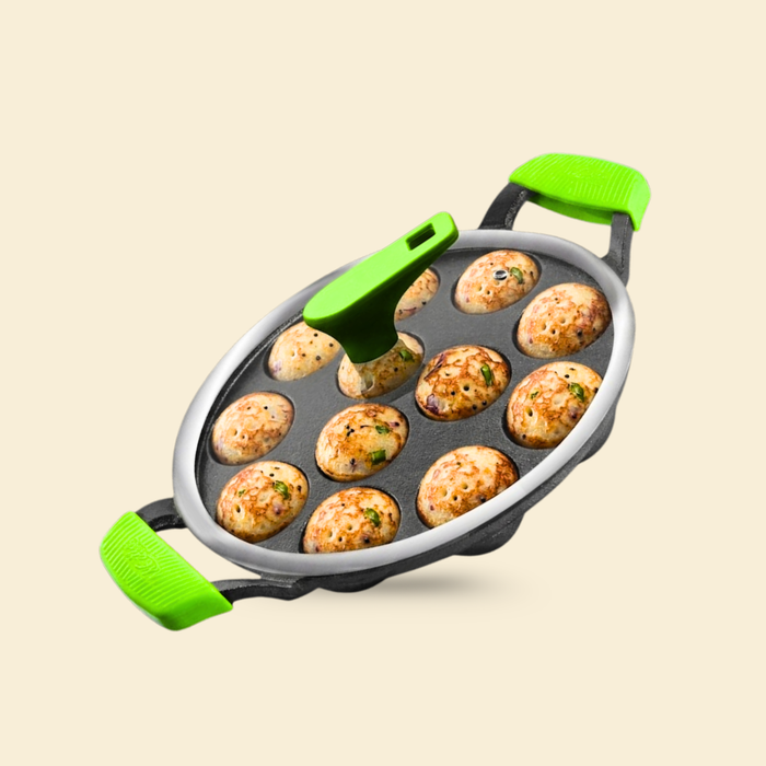 IRONIUM Pre Seasoned Cast Iron Appe Pan 12 Cavity with Glass Lid and Long Side Handle with Silicon Grips