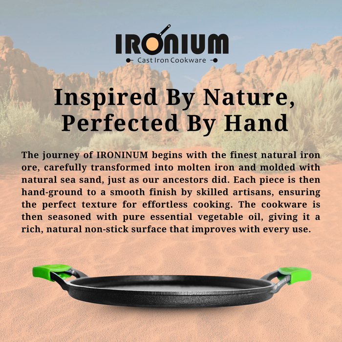 Ironium Cast Iron Pre-Seasoned Flat Tawa 28 cm with 2 Side Handles and Silicone Grips