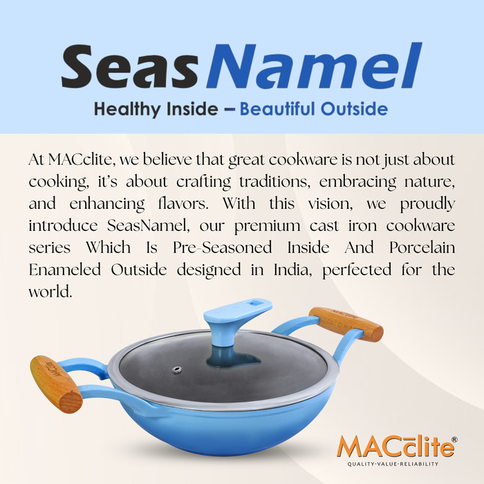 MACclite SeasNamel Cast Iron Kadai with Wooden Handle 20cm With Glass Lid