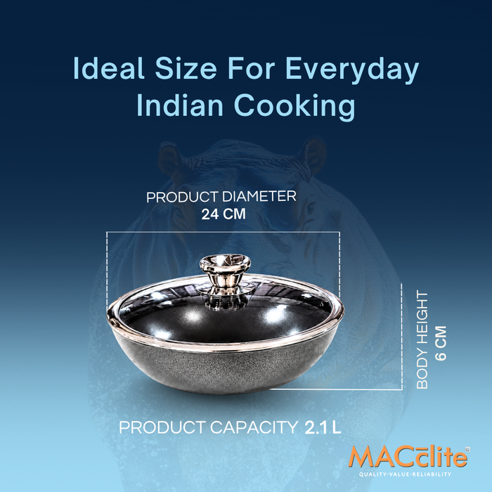 Hippo Reinforced Ceramic Non Stick Flat Base Tasla With Lid 24 cm