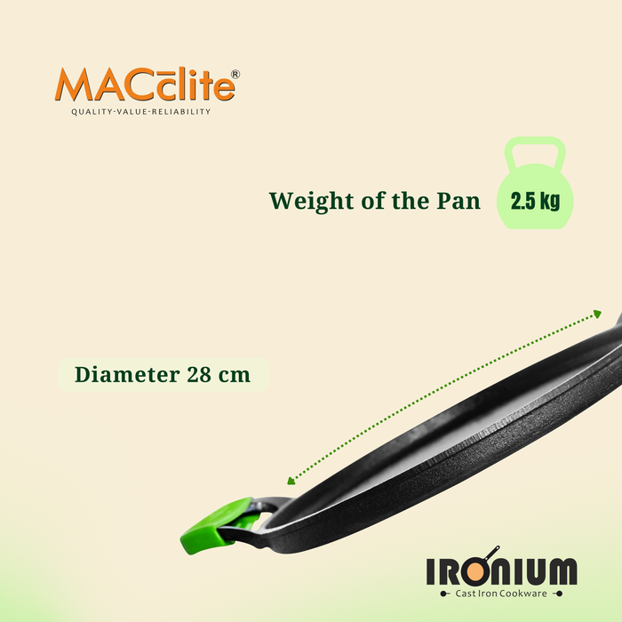 Ironium Cast Iron Pre-Seasoned Flat Tawa 28 cm with 2 Side Handles and Silicone Grips