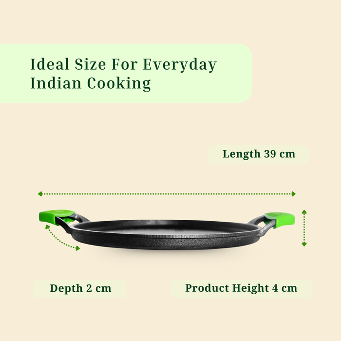 Ironium Cast Iron Pre-Seasoned Flat Tawa 28 cm with 2 Side Handles and Silicone Grips