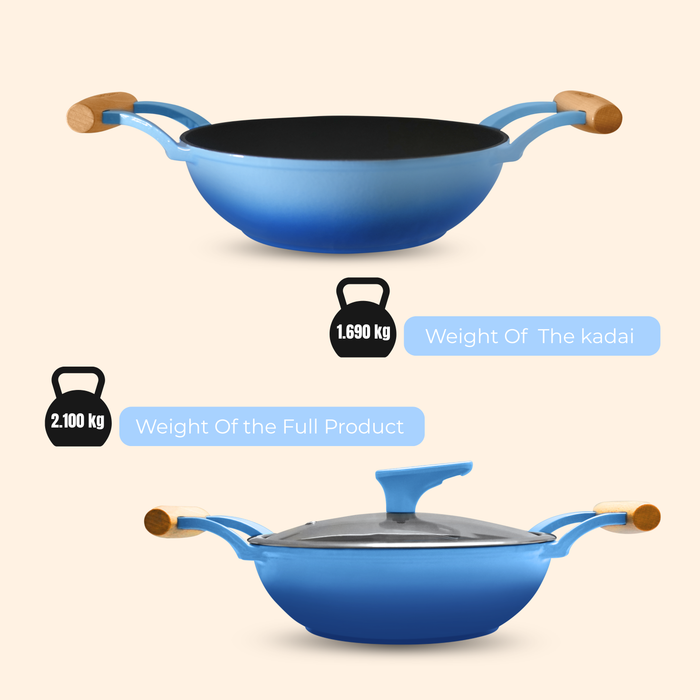 MACclite SeasNamel Cast Iron Kadai with Wooden Handle 20cm With Glass Lid