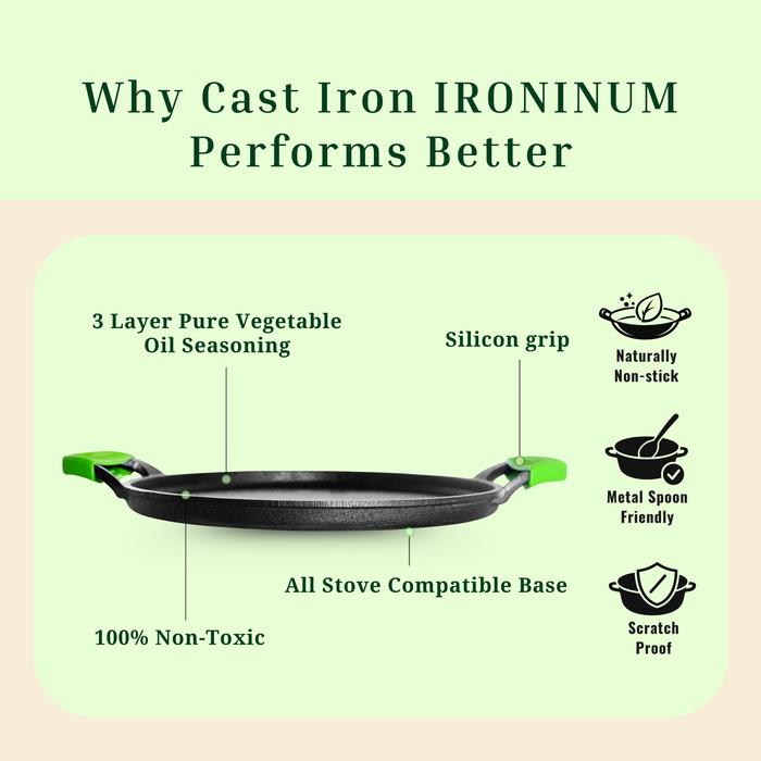 Ironium Cast Iron Pre-Seasoned Flat Tawa 28 cm with 2 Side Handles and Silicone Grips