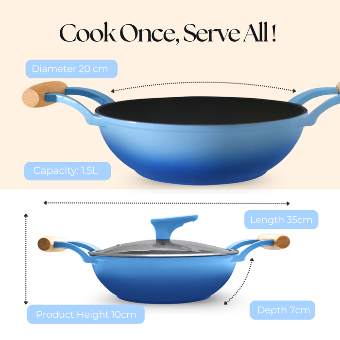 MACclite SeasNamel Cast Iron Kadai with Wooden Handle 20cm With Glass Lid