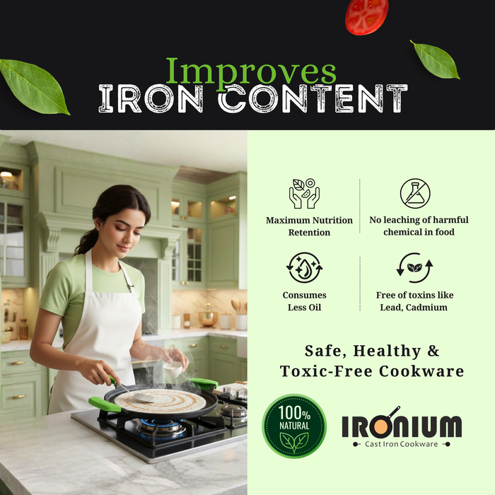 Ironium Cast Iron Pre-Seasoned Flat Tawa 28 cm with 2 Side Handles and Silicone Grips