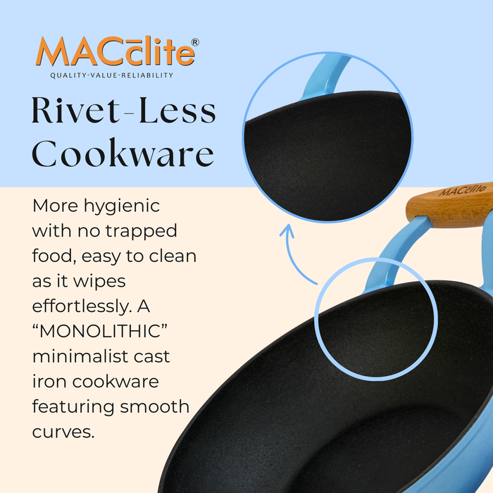 MACclite SeasNamel Cast Iron Kadai with Wooden Handle 20cm With Glass Lid
