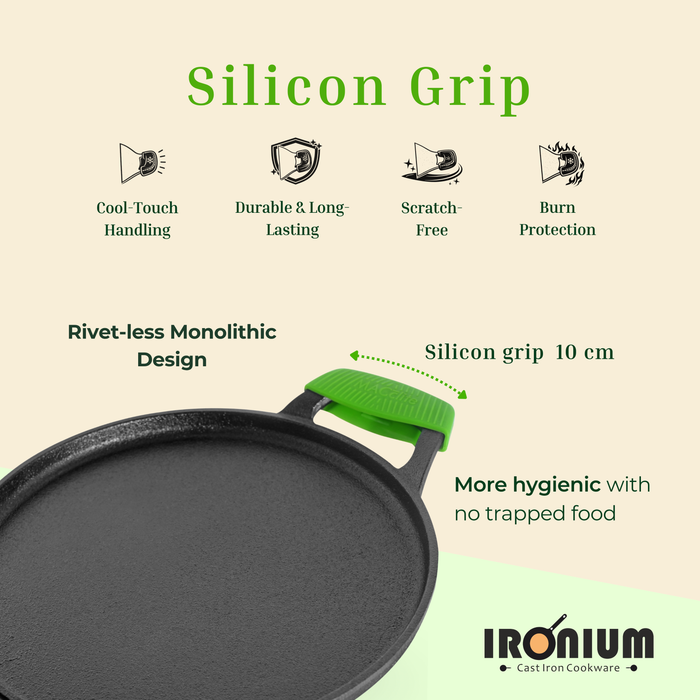Ironium Cast Iron Pre-Seasoned Flat Tawa 28 cm with 2 Side Handles and Silicone Grips