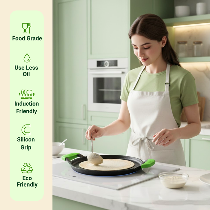 Ironium Cast Iron Pre-Seasoned Flat Tawa 28 cm with 2 Side Handles and Silicone Grips