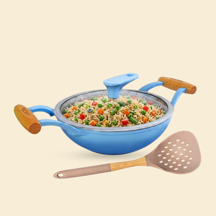 MACclite SeasNamel Cast Iron Kadai with Wooden Handle 20cm With Glass Lid