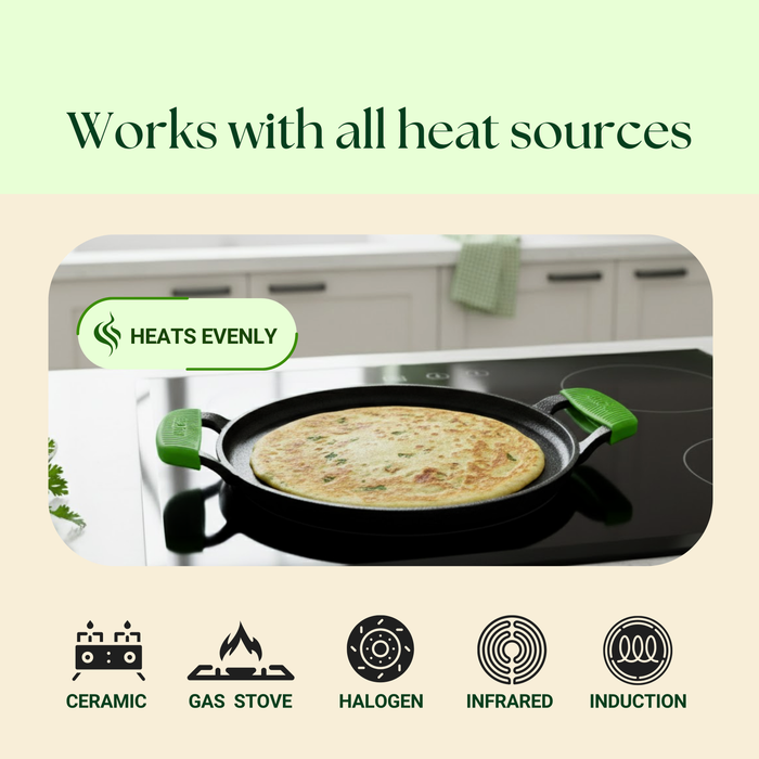 Ironium Cast Iron Pre-Seasoned Flat Tawa 28 cm with 2 Side Handles and Silicone Grips