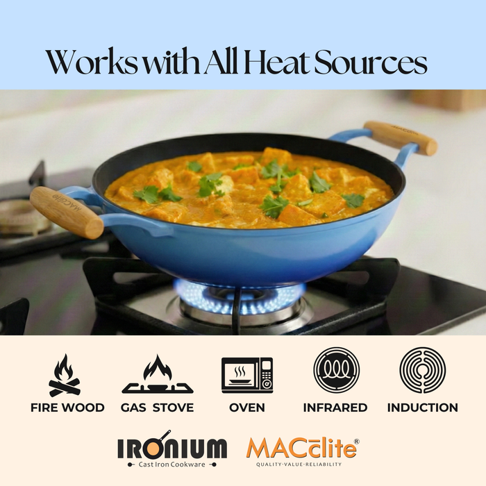 MACclite SeasNamel Cast Iron Kadai with Wooden Handle 20cm With Glass Lid