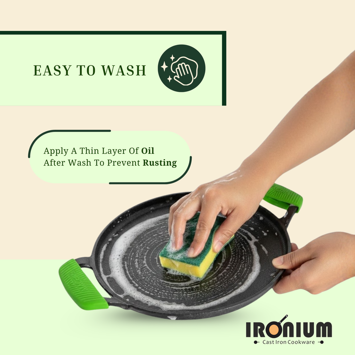 Ironium Cast Iron Pre-Seasoned Flat Tawa 28 cm with 2 Side Handles and Silicone Grips