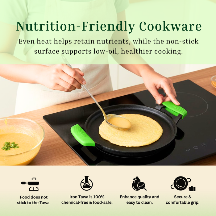 Ironium Cast Iron Pre-Seasoned Flat Tawa 28 cm with 2 Side Handles and Silicone Grips