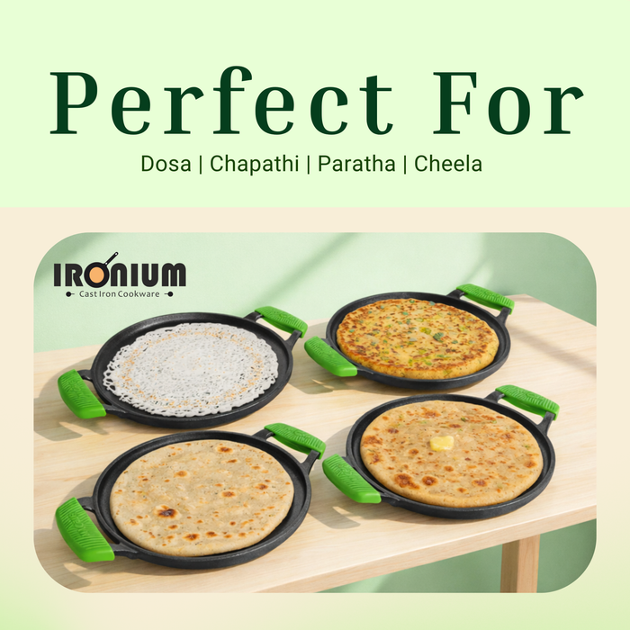 Ironium Cast Iron Pre-Seasoned Flat Tawa 28 cm with 2 Side Handles and Silicone Grips