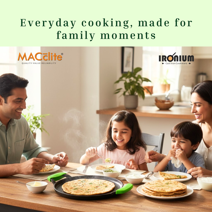 Ironium Cast Iron Pre-Seasoned Flat Tawa 28 cm with 2 Side Handles and Silicone Grips