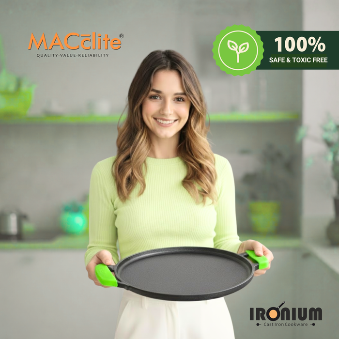 Ironium Cast Iron Pre-Seasoned Flat Tawa 28 cm with 2 Side Handles and Silicone Grips