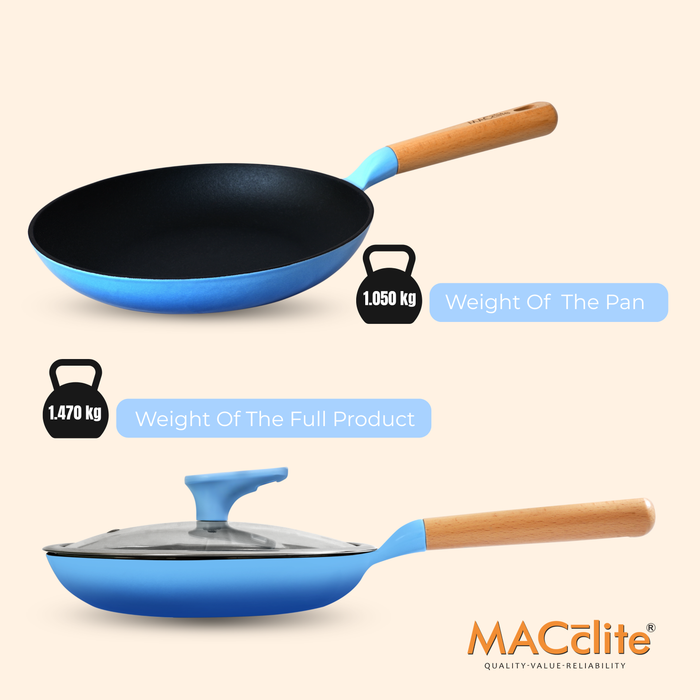 MACclite SeasNamel Cast Iron Frying Pan with Wooden Handle 20cm With Glass Lid