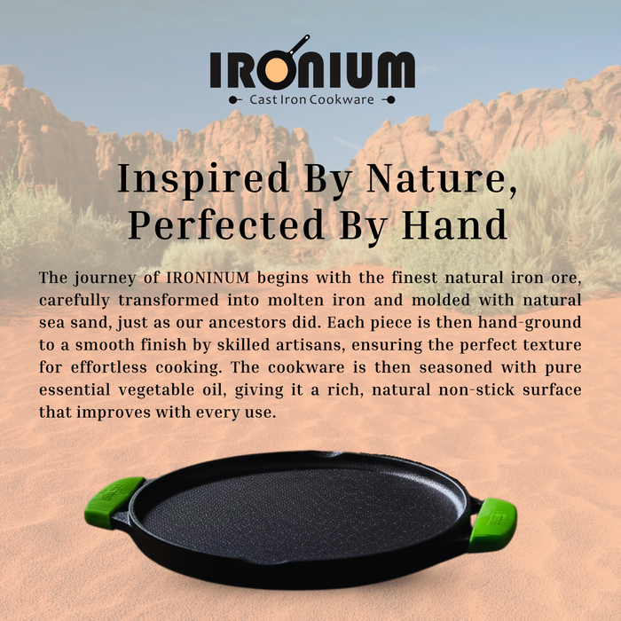 IRONIUM Pre-Seasoned Cast Iron Dual Tawa 30CM Dia With 2 Silicon Handle