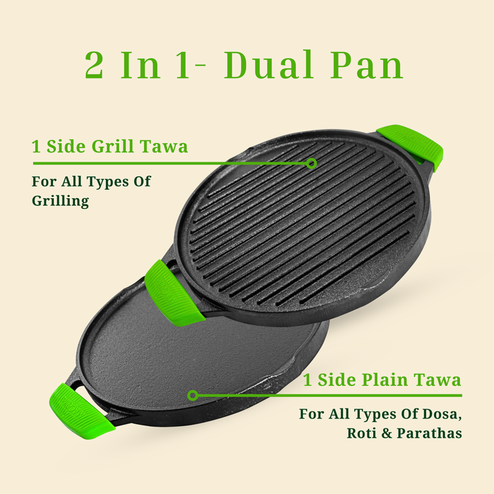 IRONIUM Pre-Seasoned Cast Iron Dual Tawa 30CM Dia With 2 Silicon Handle