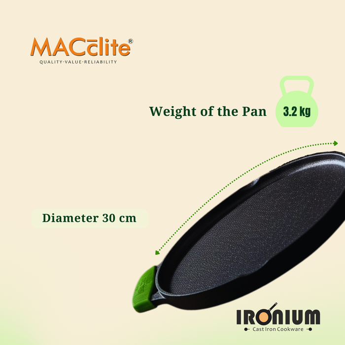 IRONIUM Pre-Seasoned Cast Iron Dual Tawa 30CM Dia With 2 Silicon Handle