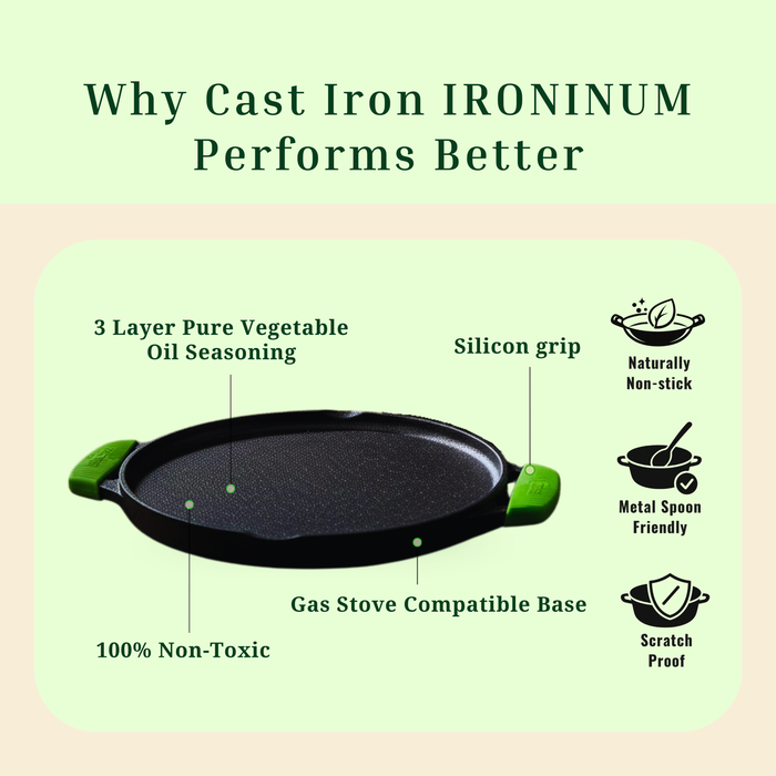IRONIUM Pre-Seasoned Cast Iron Dual Tawa 30CM Dia With 2 Silicon Handle
