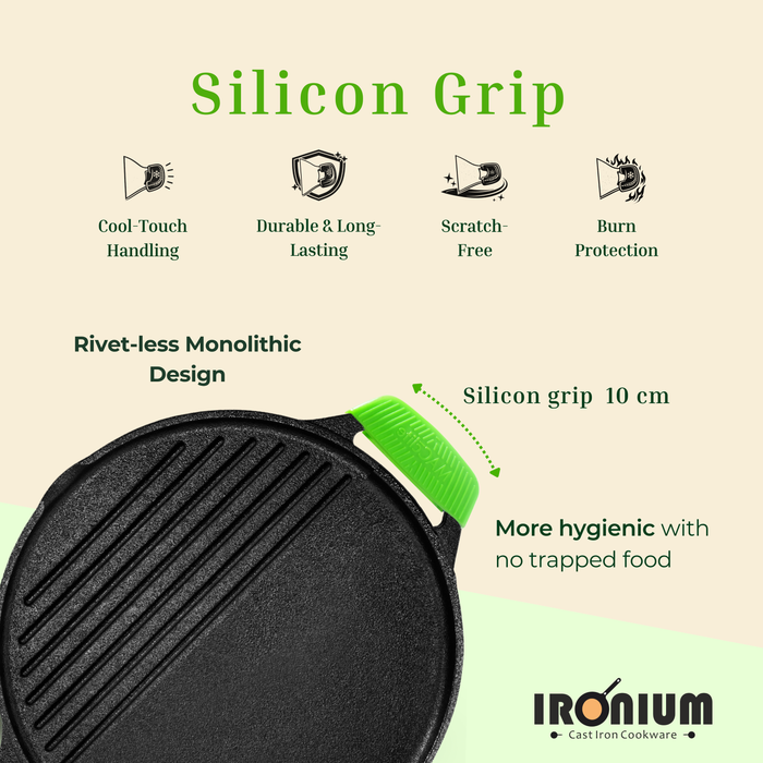 IRONIUM Pre-Seasoned Cast Iron Dual Tawa 30CM Dia With 2 Silicon Handle