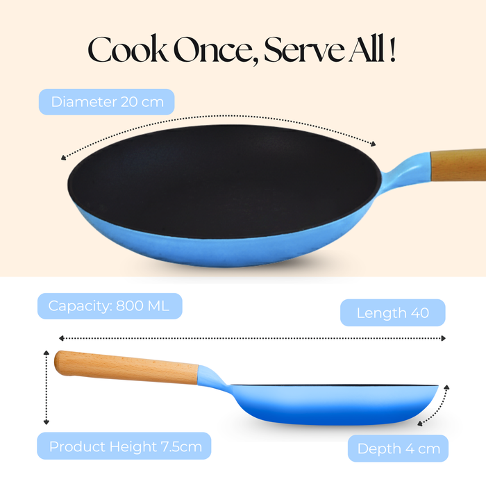 MACclite SeasNamel Cast Iron Frying Pan with Wooden Handle 20cm With Glass Lid