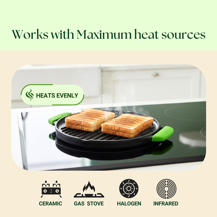IRONIUM Pre-Seasoned Cast Iron Dual Tawa 30CM Dia With 2 Silicon Handle