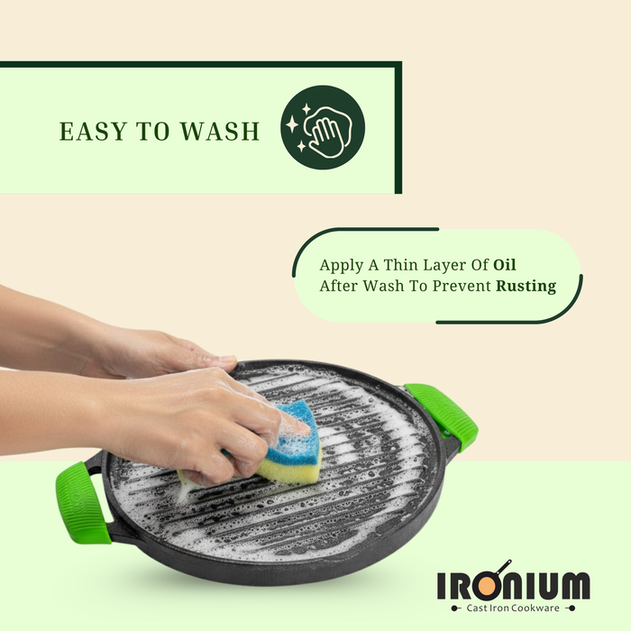 IRONIUM Pre-Seasoned Cast Iron Dual Tawa 30CM Dia With 2 Silicon Handle