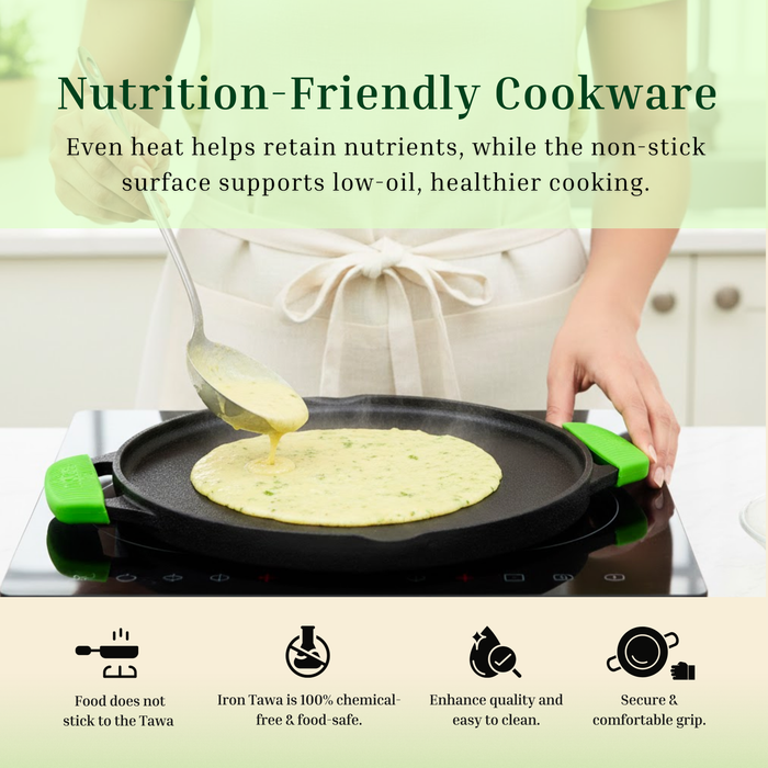 IRONIUM Pre-Seasoned Cast Iron Dual Tawa 30CM Dia With 2 Silicon Handle