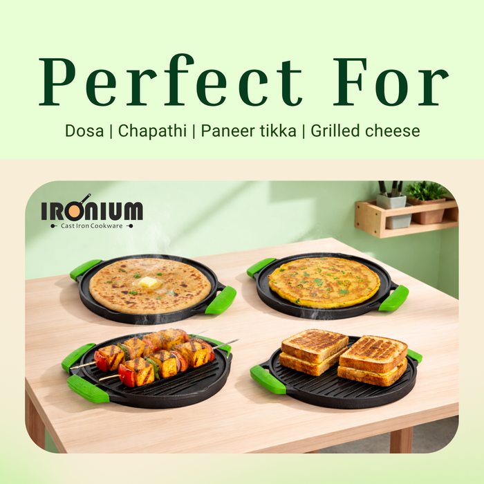 IRONIUM Pre-Seasoned Cast Iron Dual Tawa 30CM Dia With 2 Silicon Handle