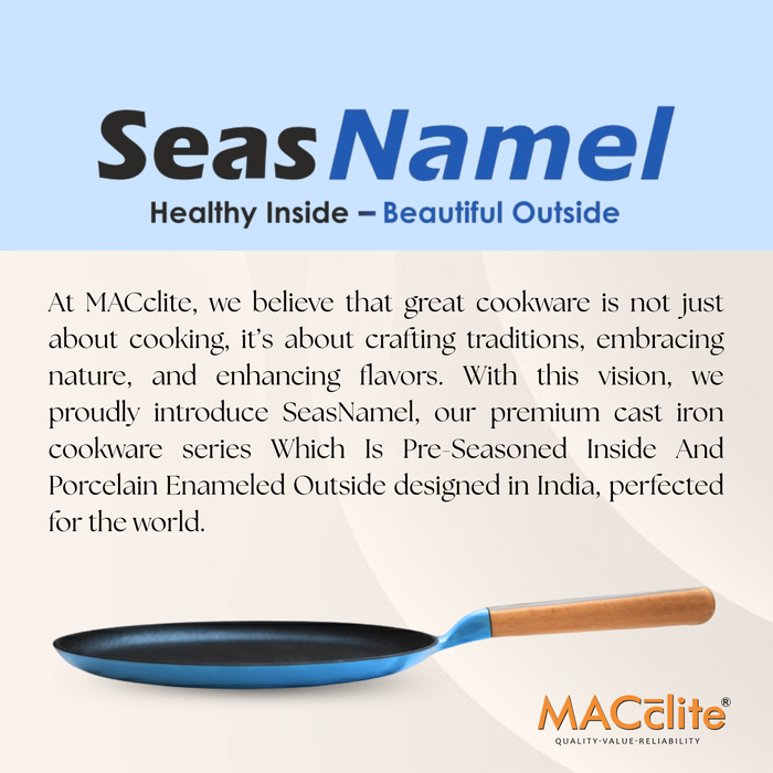 MACclite SeasNamel Cast Iron Flat Tawa with Wooden Handle 28cm