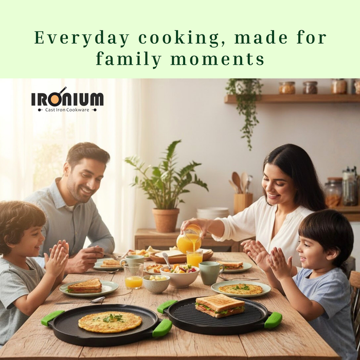 IRONIUM Pre-Seasoned Cast Iron Dual Tawa 30CM Dia With 2 Silicon Handle