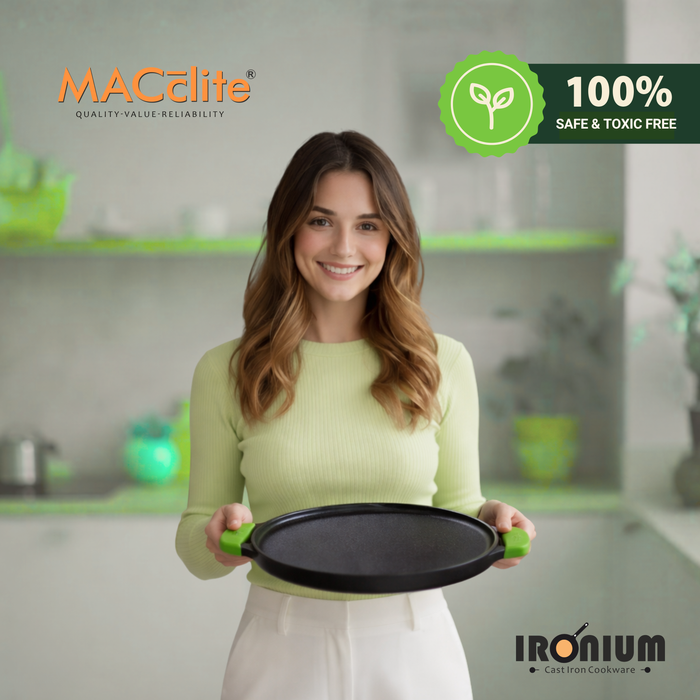 IRONIUM Pre-Seasoned Cast Iron Dual Tawa 30CM Dia With 2 Silicon Handle