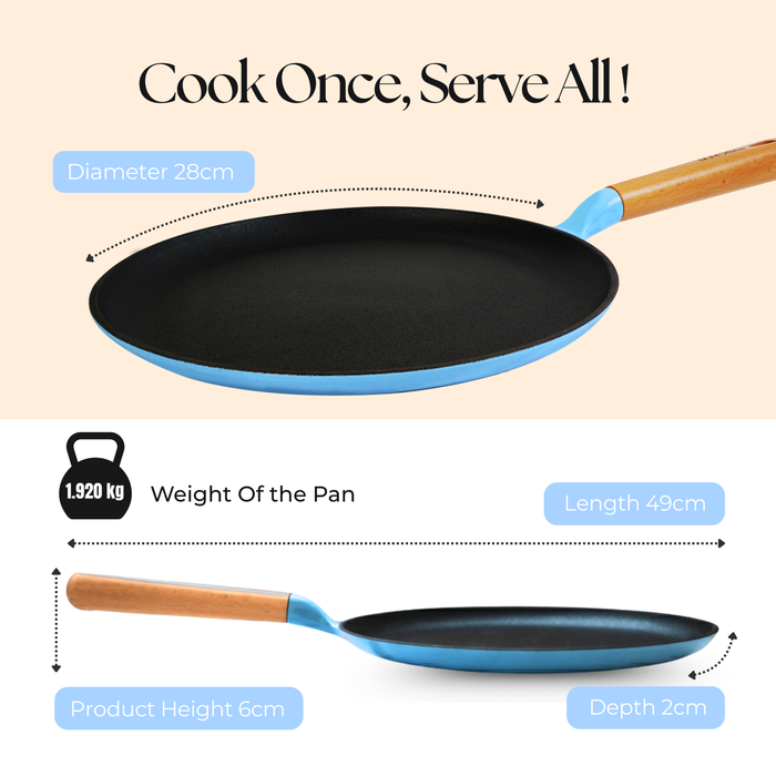 MACclite SeasNamel Cast Iron Flat Tawa with Wooden Handle 28cm
