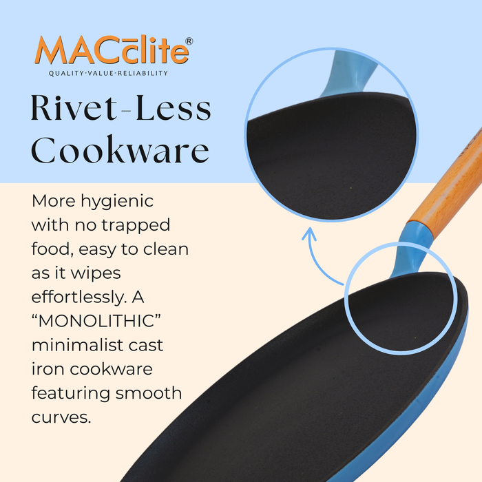 MACclite SeasNamel Cast Iron Flat Tawa with Wooden Handle 28cm