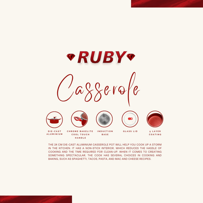 Ruby Non Stick Casserole With Glass Lid, 24cm Dia, 4.5 Liters, Induction Base