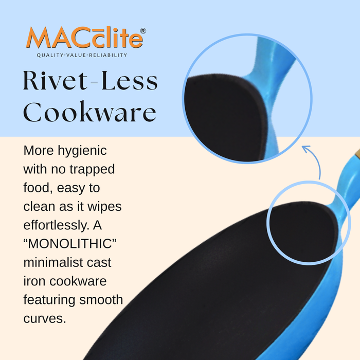 MACclite SeasNamel Cast Iron Frying Pan with Wooden Handle 20cm With Glass Lid