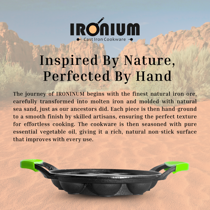 Ironium Cast Iron Pre-Seasoned Round Heavy Panniyarkal 09 Pits With 2 Side Handle and Silicone Grips