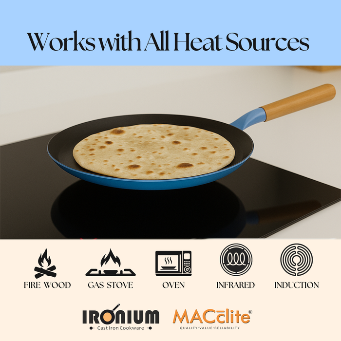 MACclite SeasNamel Cast Iron Flat Tawa with Wooden Handle 28cm