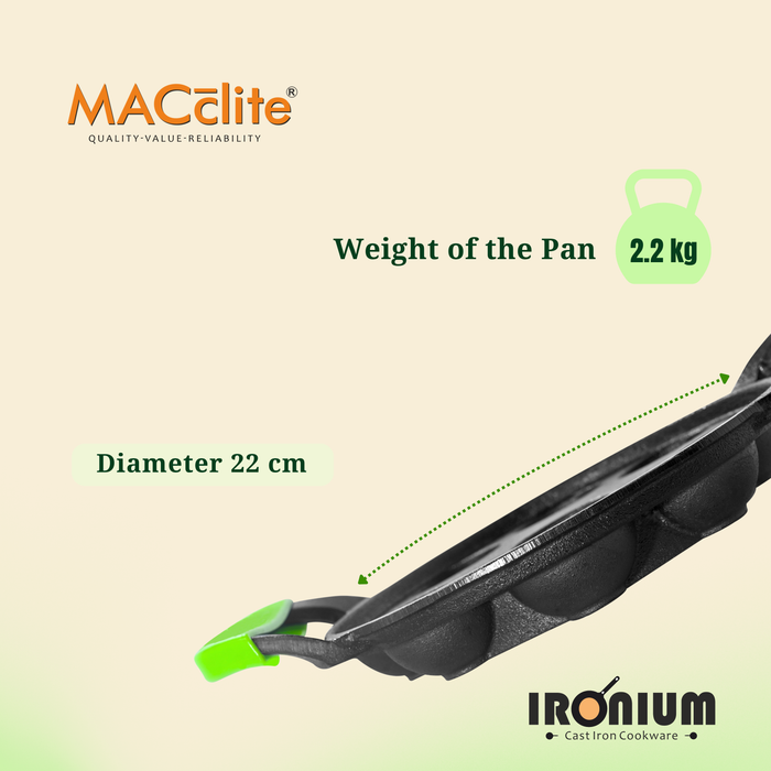 Ironium Cast Iron Pre-Seasoned Round Heavy Panniyarkal 09 Pits With 2 Side Handle and Silicone Grips