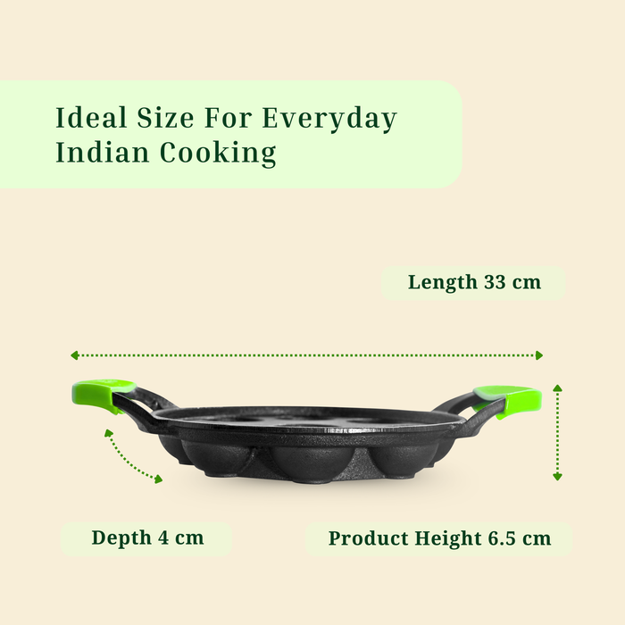 Ironium Cast Iron Pre-Seasoned Round Heavy Panniyarkal 09 Pits With 2 Side Handle and Silicone Grips